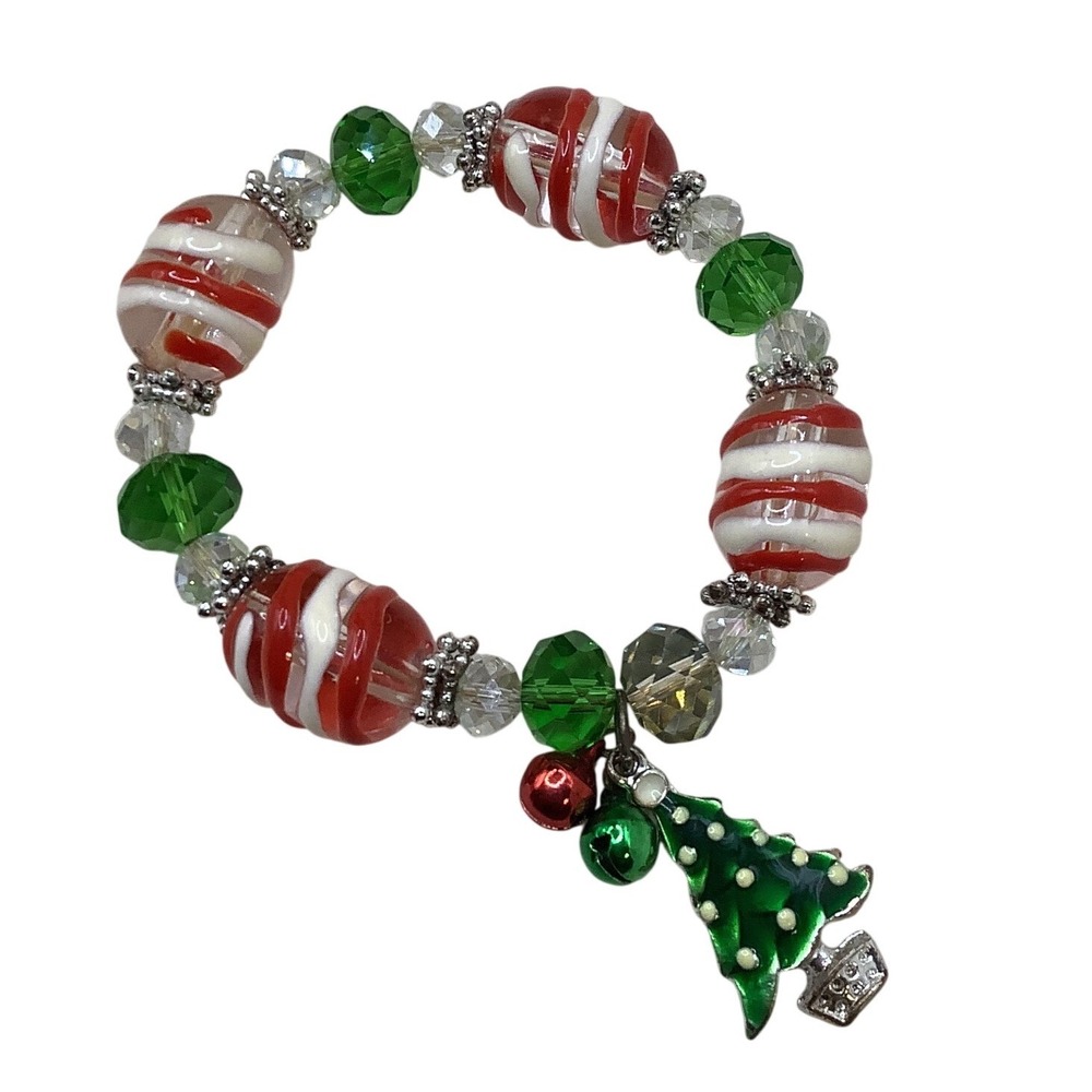 Christmas Tree Charm Bracelet Red White Swirl Glass Beads Green Crystal Stretch